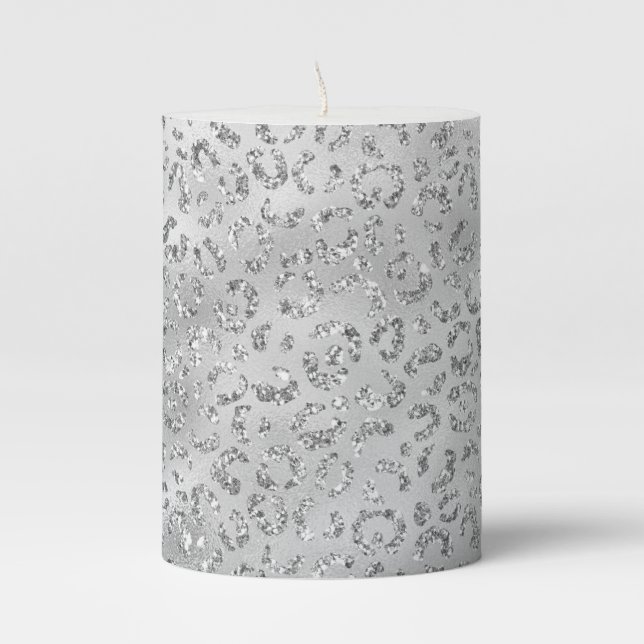 Cute Silver Cheetah Leopard Skin Print Pattern Pillar Candle (Front)
