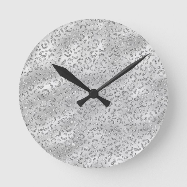 Cute Silver Cheetah Leopard Skin Print Pattern Round Clock (Front)