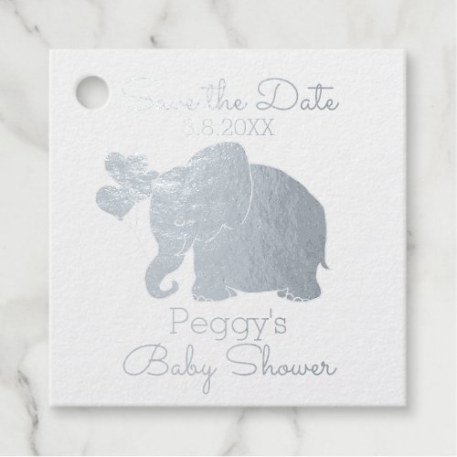 Cute Silver Elephant Baby Shower Save the Date Foil Favor Tags