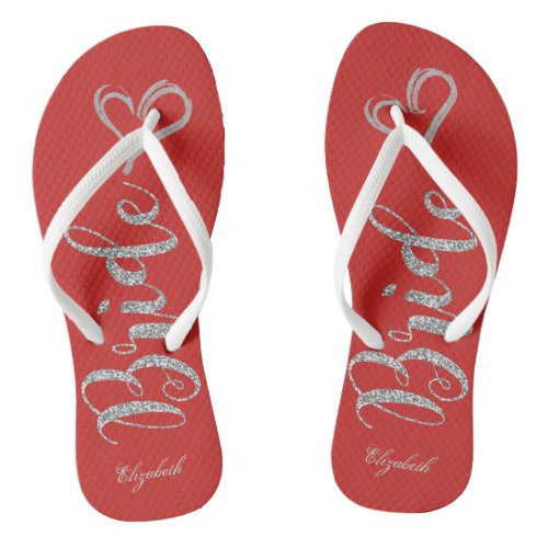 Cute Silver Glitter BrideHeart  _Personalized Flip Flops