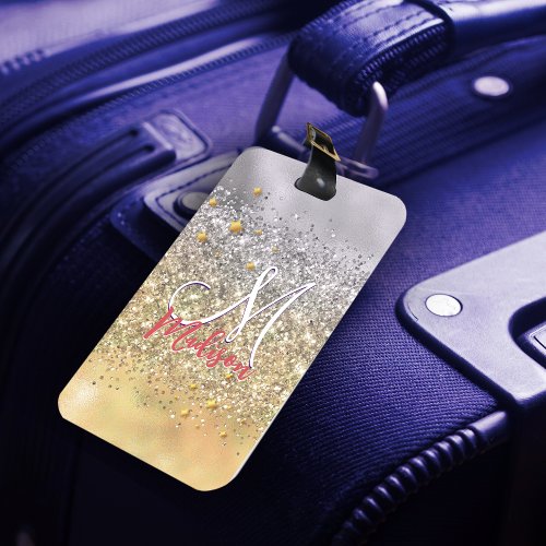 Cute silver gold Glitter stars monogram Luggage Tag