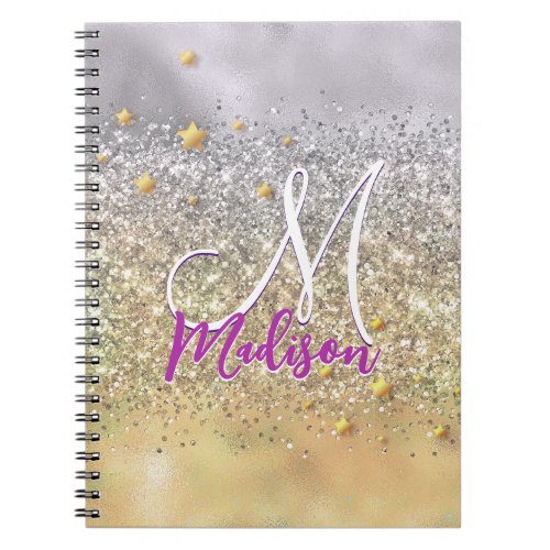 Cute silver gold Glitter stars monogram Notebook