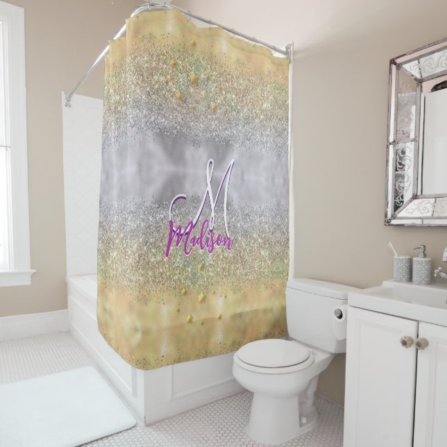 Cute silver gold Glitter stars monogram Shower Curtain (In Situ)