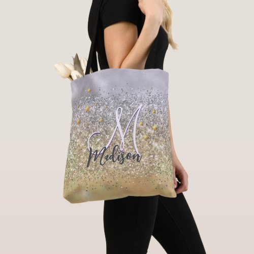 Cute silver gold Glitter stars monogram Tote Bag