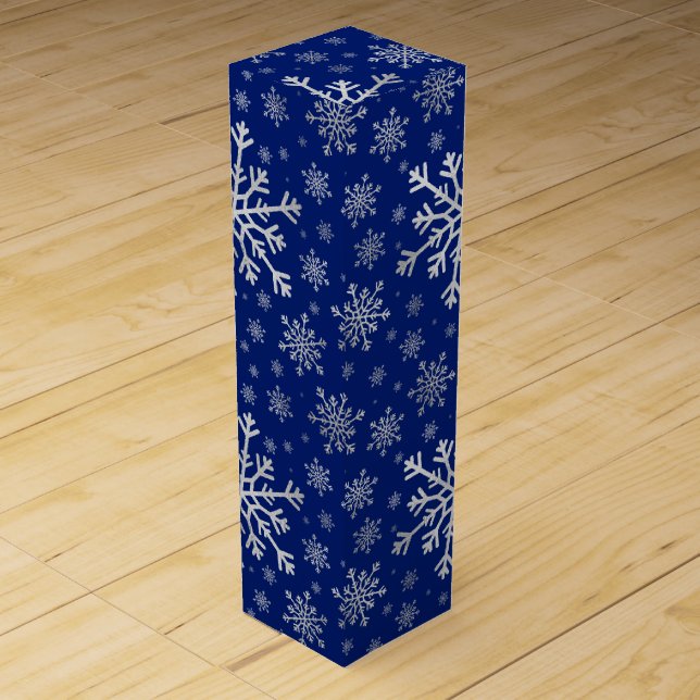 Cute Silver Gray Christmas Snowflakes on Blue Wine Box (Front)