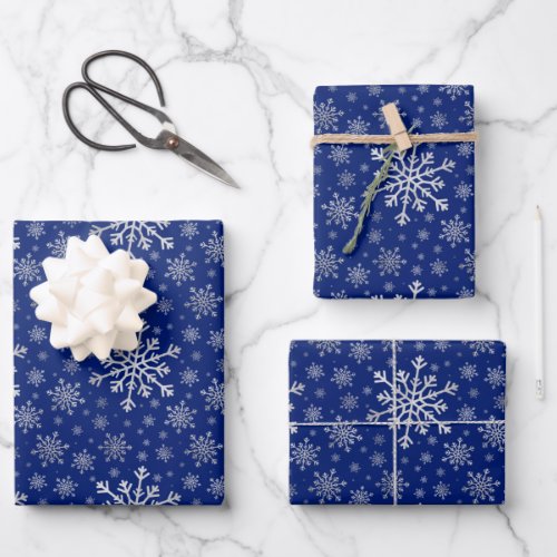 Cute Silver Gray Christmas Snowflakes on Blue Wrap Wrapping Paper Sheets