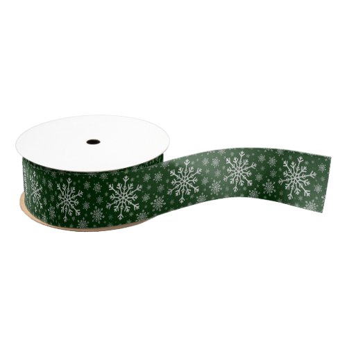 Cute Silver Gray Christmas Snowflakes on Green Grosgrain Ribbon