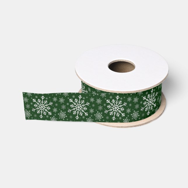 Cute Silver Gray Christmas Snowflakes on Green Grosgrain Ribbon (Spool)