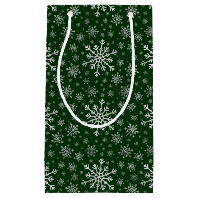 Cute Silver Gray Christmas Snowflakes on Green   Small Gift Bag (Front)