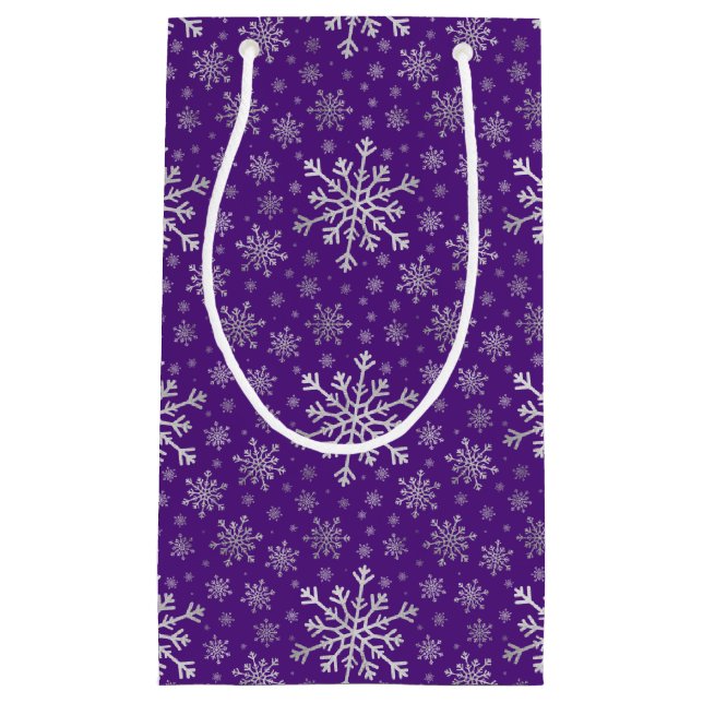 Cute Silver Gray Christmas Snowflakes on Purple  Small Gift Bag (Front)