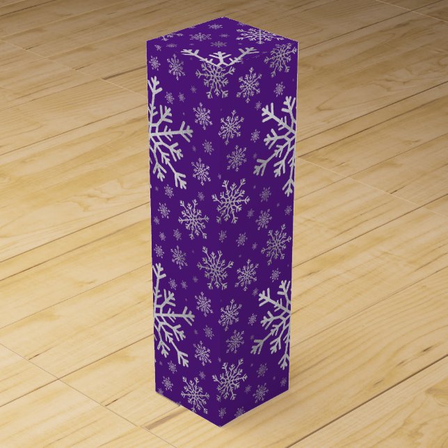 Cute Silver Gray Christmas Snowflakes on Purple Wine Box (Front)