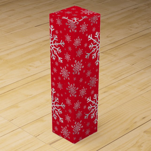 Cute Silver Gray Christmas Snowflakes on Red Wine Box (Front)