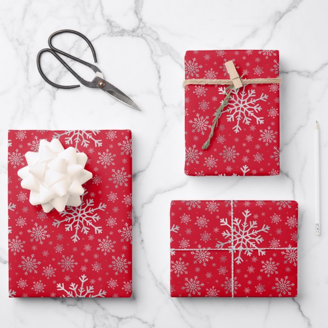 Cute Silver Gray Christmas Snowflakes on Red Wrapp Wrapping Paper Sheets (Front)