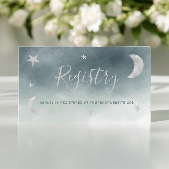 Cute silver moon stars blue registry baby shower enclosure card (Cute silver moon stars blue registry baby shower enclosure card)