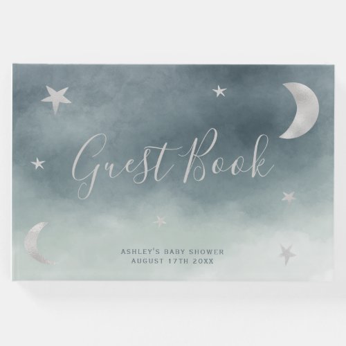 Cute silver moon stars blue watercolor baby shower guest book