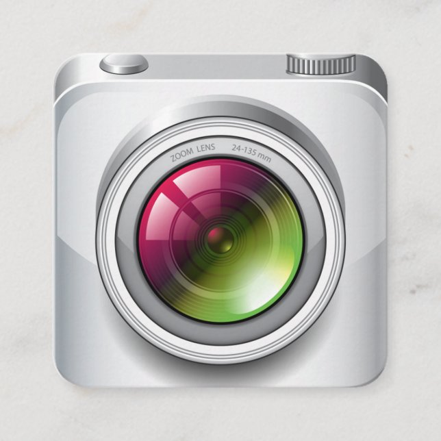 Cute Silver Realistic Camera Photography Square Business Card (Front)