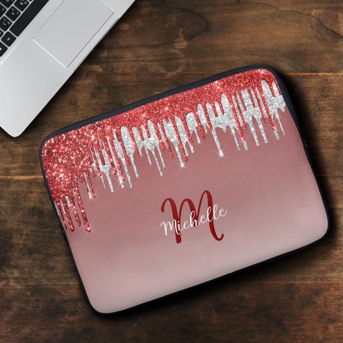 Cute Silver Red Glitter Drip Monogram Sparkle Laptop Sleeve