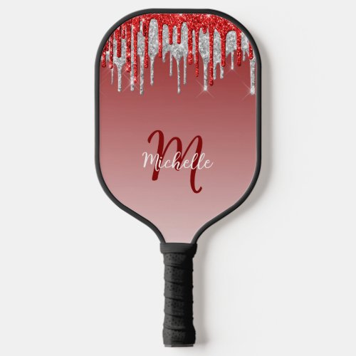 Cute Silver Red Glitter Drip Monogram Sparkle Pickleball Paddle