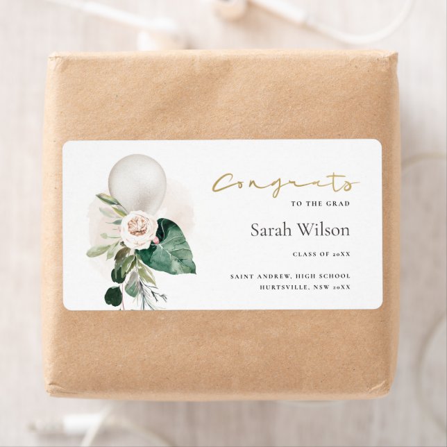 CUTE SILVER WHITE BALLOON FLORAL GRAD CONGRATS  LABEL (Insitu)