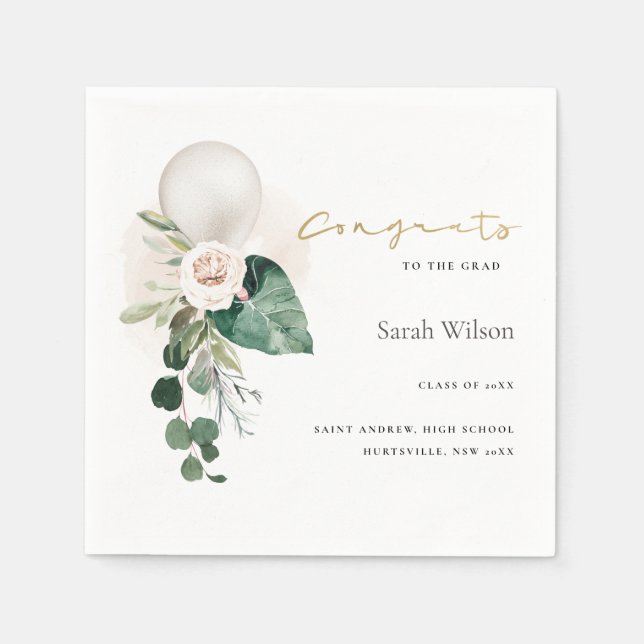 CUTE SILVER WHITE BALLOON FLORAL GRAD CONGRATS NAPKINS (Front)