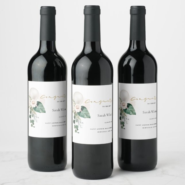CUTE SILVER WHITE BALLOON FLORAL GRAD CONGRATS  WINE LABEL (Bottles)