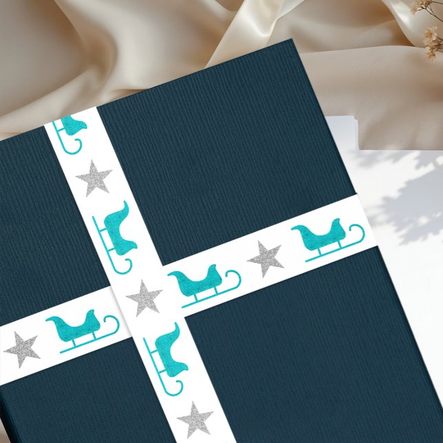 Cute Silver White Blue Sleigh Star Glitter Pattern Satin Ribbon (Creator Uploaded)