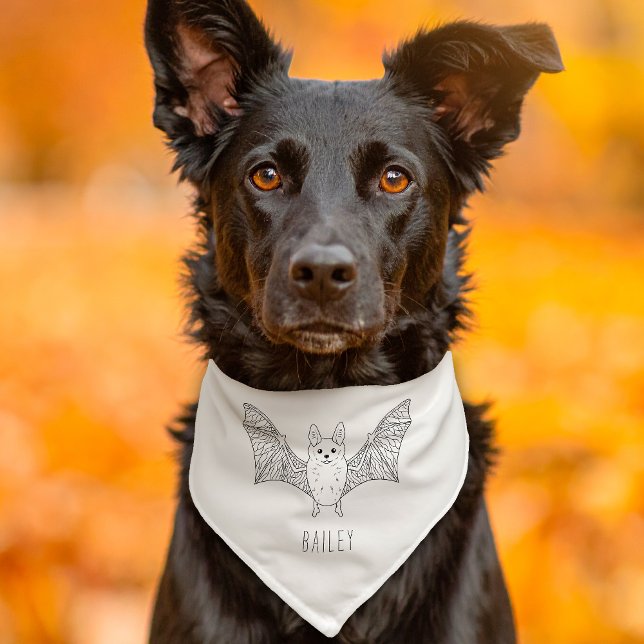 Cute Simpe Bat Line Art And Custom Name Halloween Pet Bandana Collar (Creator Uploaded)