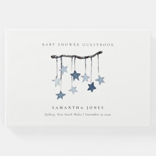 Cute Simple Aqua Blue Star Mobile Boy Baby Shower Guest Book