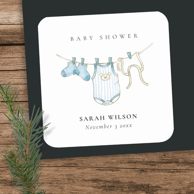 Cute Simple Baby Clothesline Blue Boy Baby Shower Square Sticker (Creator Uploaded)