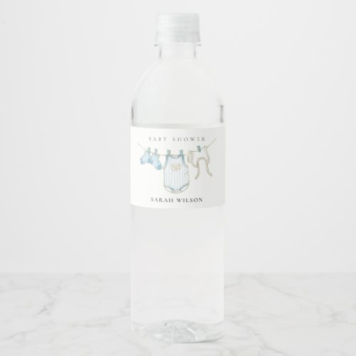 Cute Simple Baby Clothesline Blue Boy Baby Shower Water Bottle Label