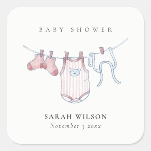 Cute Simple Baby Clothesline Pink Girl Baby Shower Square Sticker