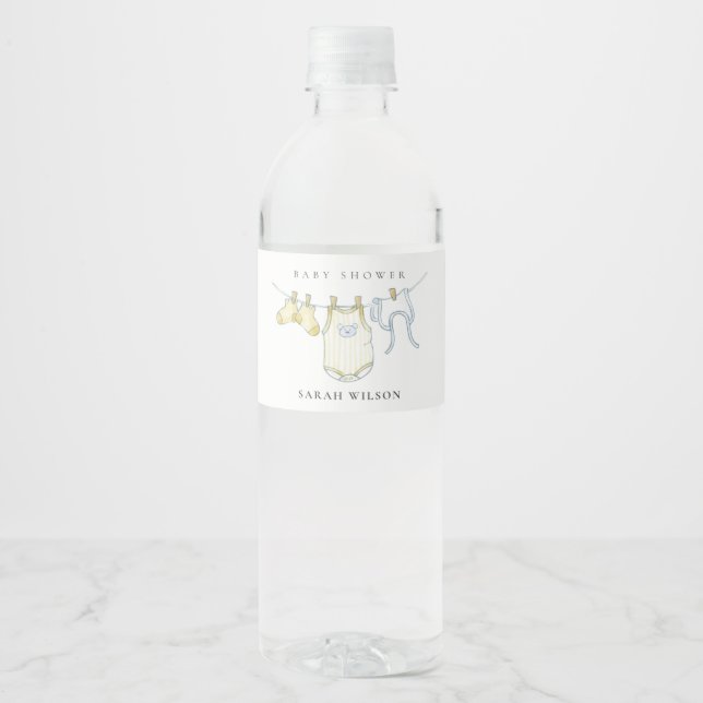 Cute Simple Baby Clothesline Yellow Baby Shower Water Bottle Label (Front)
