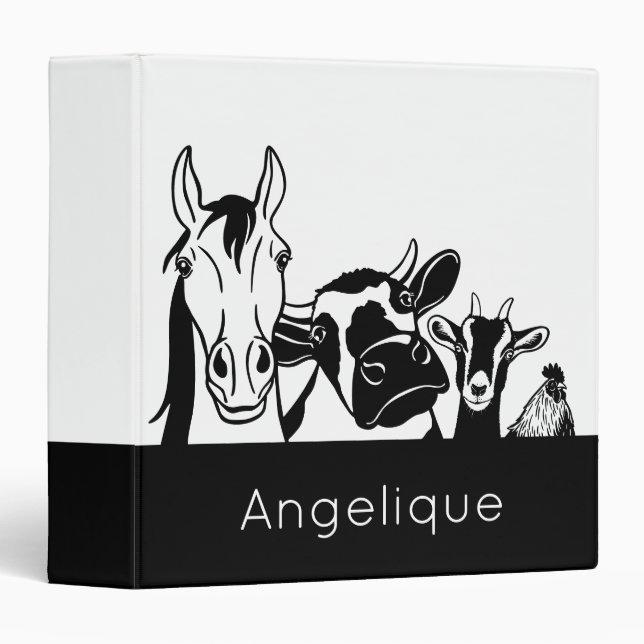 Cute simple black and white cute farm animals  3 ring binder (Front/Spine)
