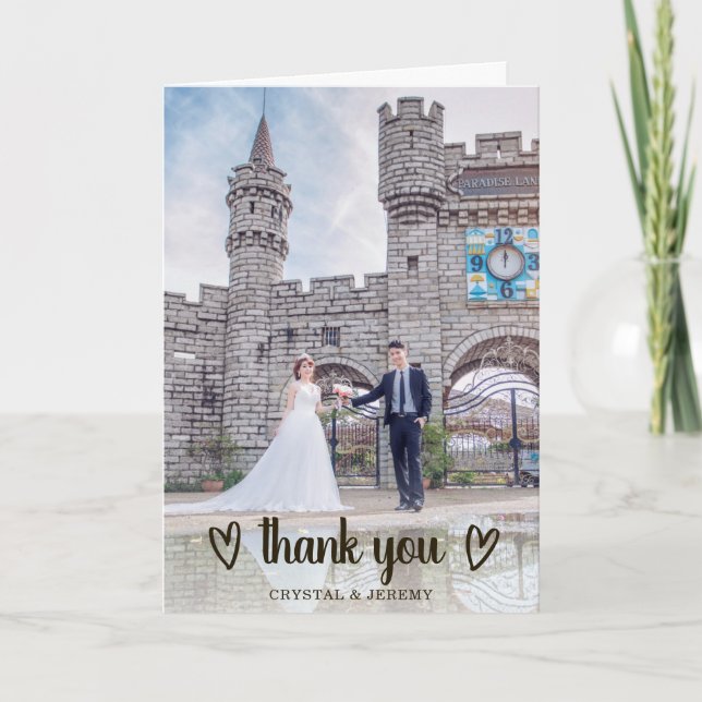 Cute Simple Black and White Heart Photo Wedding Thank You Card (Front)
