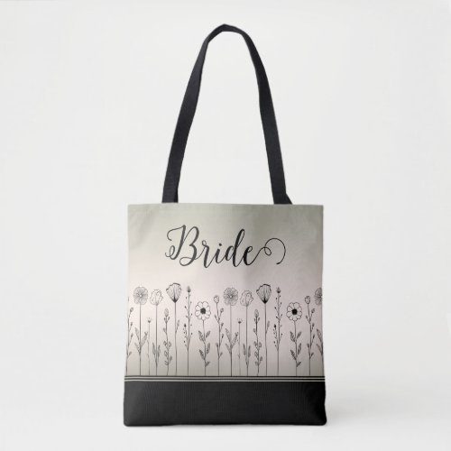 Cute Simple Black Green Ombre Flower Doodles Bride Tote Bag