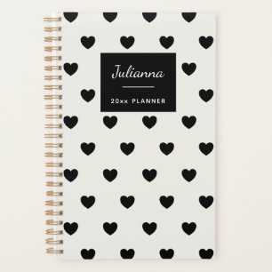 Cute Simple Black White Hearts Personalized Name Planner