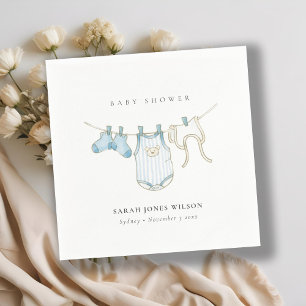 Cute Simple Blue Baby Boy Clothesline Baby Shower Napkins