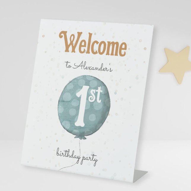 Cute Simple Blue Balloon 1st Birthday Welcome Pedestal Sign (Creator Uploaded)