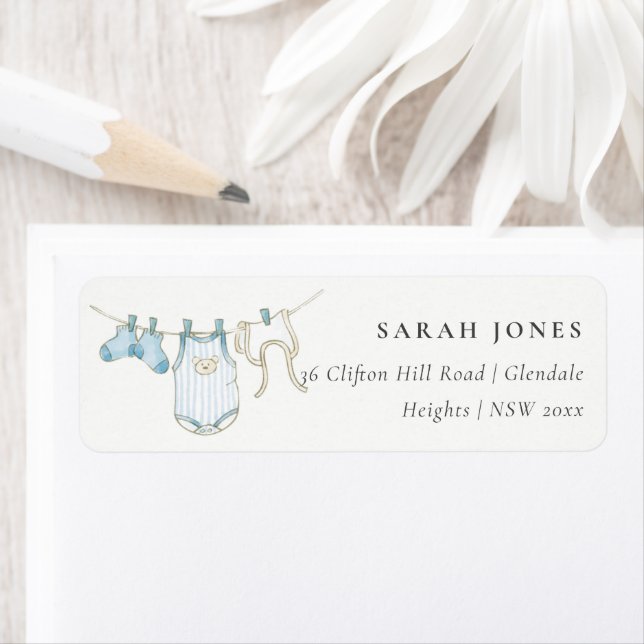 Cute Simple Blue Clothesline Baby Shower Address Label (Insitu)