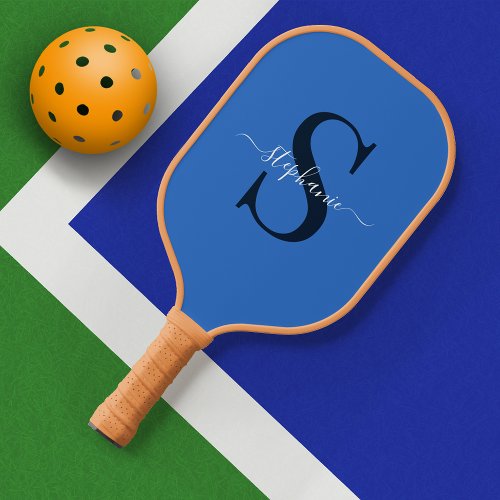 Cute Simple Blue Monogram Initial  Name Pickleball Paddle