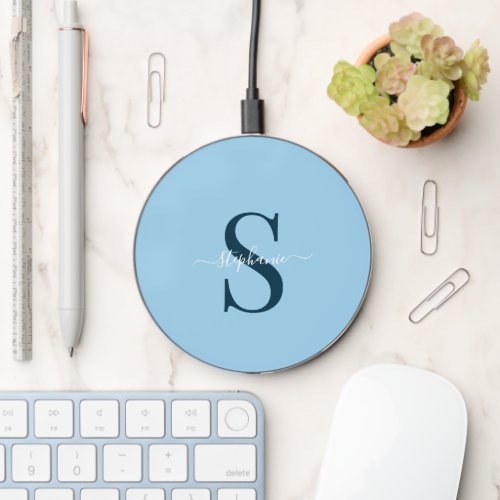 Cute Simple Blue Monogram Initial  Name Wireless Charger