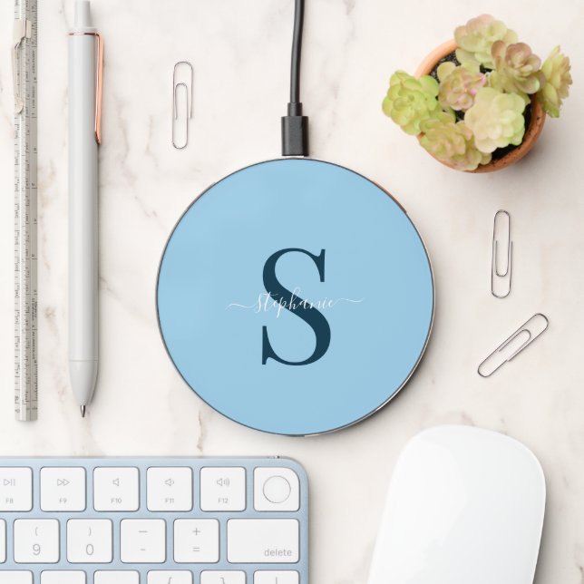 Cute Simple Blue Monogram Initial + Name Wireless Charger (Desk)