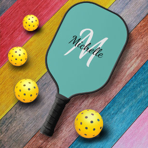 Cute Simple Blue Monogram Name + Initial Pickleball Paddle