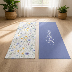 Cute Simple Blue Purple Watercolor Wildflower Name Yoga Mat