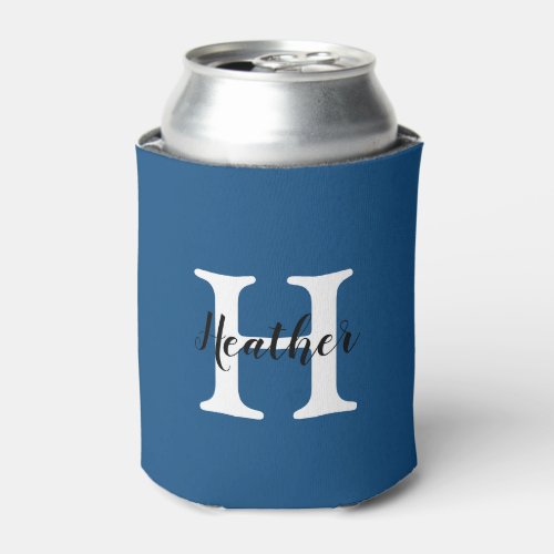 Cute Simple Blue  White Monogram Name  Initial Can Cooler