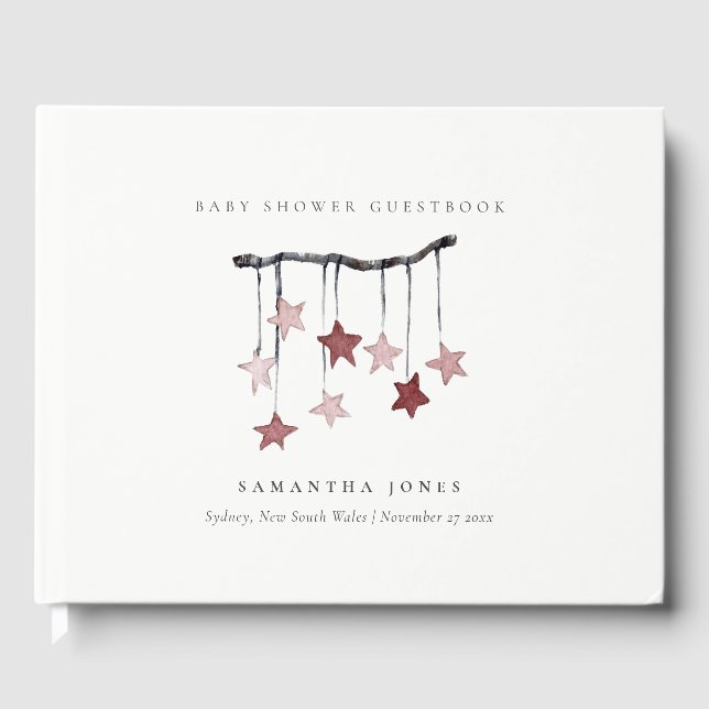Cute Simple Blush Pink Star Mobile Baby Shower Guest Book (Front)