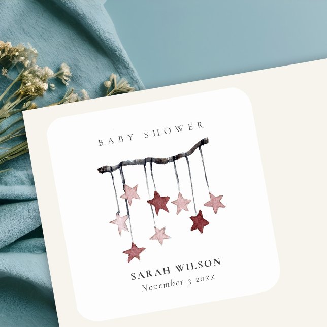 Cute Simple Blush Pink Star Mobile Baby Shower Square Sticker (Creator Uploaded)
