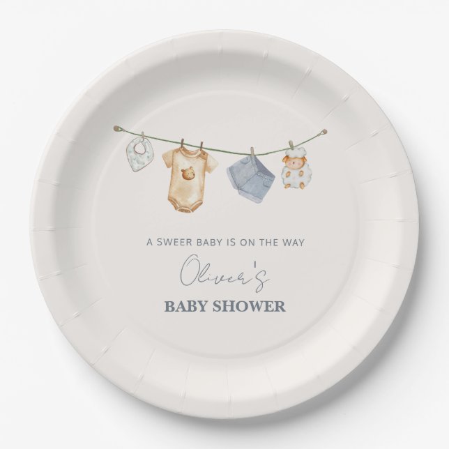 Cute Simple Boho Clothesline Baby Shower  Paper Plates (Front)