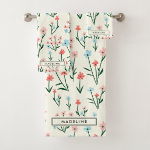 Cute Simple Botanical Pink Blue Flower Floral Bath Towel Set