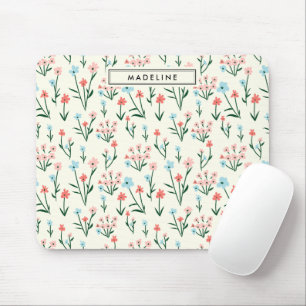 Cute Simple Botanical Pink Blue Flower Floral Mouse Pad